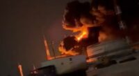 Dramatic moment huge explosion rips through Russian oil depot after Ukrainian drone attack in another blow to Putin