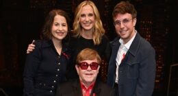 Elton John's battle with blindness: How 77-year-old star's husband David Furnish guided him around premiere as he was supported by stars including Liz Hurley after revealing he 'can't see'