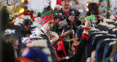 Flight takes kids to visit Santa at North Pole scene in transformed Denver airport hangar