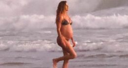 Gisele Bundchen, 44, puts her bump on display in skimpy bikini during beach day with Joaquim Valente