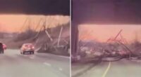 Horror moment car is smashed off road by barrage of wooden planks falling off truck in real life Final Destination crash