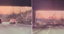 Horror moment car is smashed off road by barrage of wooden planks falling off truck in real life Final Destination crash