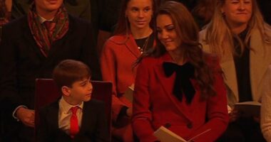 Kate Middleton and Prince Louis, six, share a tender mother-son moment in first glimpse of the royals inside the Princess of Wales's 'Together At Christmas' carol concert