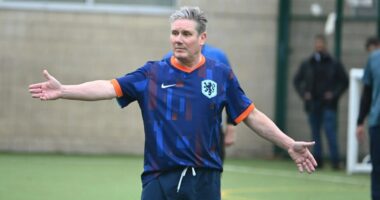 Keir Starmer takes to football pitch for his weekly game of five-a-side – but can you spot what’s ‘wrong’ with his kit?