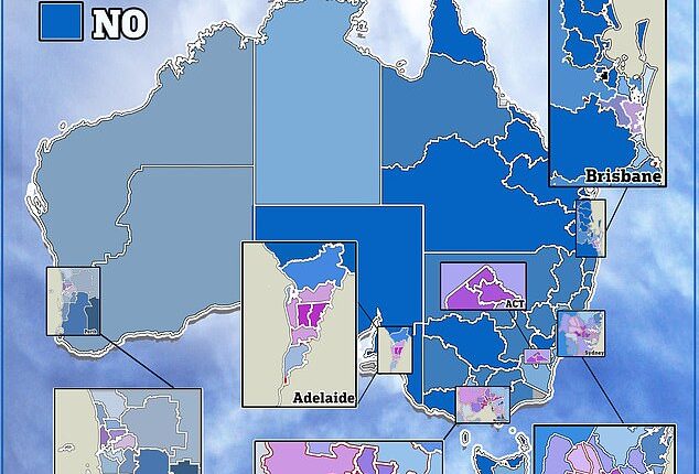 Just 22 electorates (the darkest purple on the map) are on track to vote Yes in the upcoming Indigenous Voice to Parliament referendum, according to a survey by an international polling group, but there are 15 other electorates (light purple on the map) which are very close to a Yes vote with 47 per cent support or higher