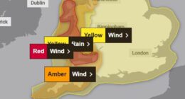 Met Office issues rare 'danger to life' red warning: Brits told to stay indoors and strap down Christmas decorations as Storm Darragh is set to batter Britain with 90mph winds