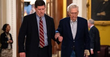 Mitch McConnell clings onto aide as he walks into Senate with injuries to his face and wrist after scary fall