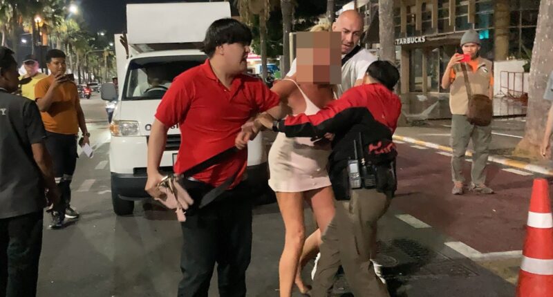 Moment Brit woman is arrested ‘for romping on table & breaking it in hotel lobby’ before spending Xmas in Thai jail