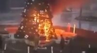 Moment Christmas tree is BURNED DOWN during Islamist protests in Syria amid fears for Christians after fall of Assad