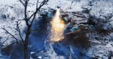 Moment Ukraine ‘dragon drone’ spews flesh-melting 2,500C thermite on Putin bunker…before being consumed by its own blaze