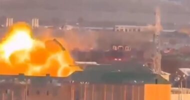 Moment Ukrainian aircraft-style drone smashes into Putin warlord Kadyrov’s special ops base sparking fireball explosion