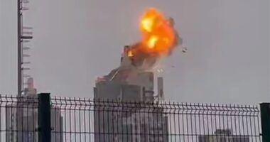 Moment Ukrainian drone strikes 400ft Russian skyscraper sparking huge blast as Putin’s city is bombarded in enemy attack