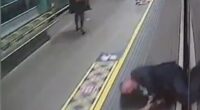 Moment passenger nearly dragged to his DEATH by train pulling into station as horrified travellers helplessly watch