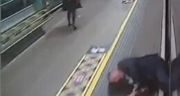 Moment passenger nearly dragged to his DEATH by train pulling into station as horrified travellers helplessly watch