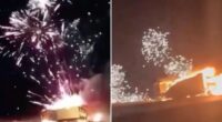 New Year ‘comes EARLY’ as truck carrying NYE fireworks crashes sending barrage of rockets flying into sky from wreck