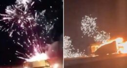 New Year ‘comes EARLY’ as truck carrying NYE fireworks crashes sending barrage of rockets flying into sky from wreck