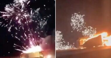 New Year ‘comes EARLY’ as truck carrying NYE fireworks crashes sending barrage of rockets flying into sky from wreck