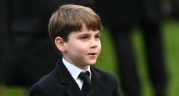 Prince Louis, six, grins cheekily as young royal accepts chocolates and stuffed animals from royal fans at Sandringham