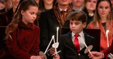 Princess Charlotte, nine, steals the show during her mother Kate Middleton's carol service as she giggles with her brothers - before taking charge with lighting the candles