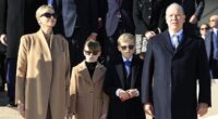 Princess Gabriella of Monaco matches her mother Charlene in tan coat and shades (while brother Jacques, 9, twins with dad Albert)