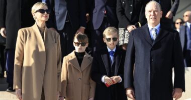 Princess Gabriella of Monaco matches her mother Charlene in tan coat and shades (while brother Jacques, 9, twins with dad Albert)