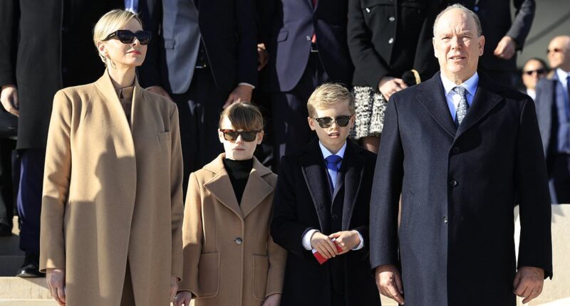 Princess Gabriella of Monaco matches her mother Charlene in tan coat and shades (while brother Jacques, 9, twins with dad Albert)