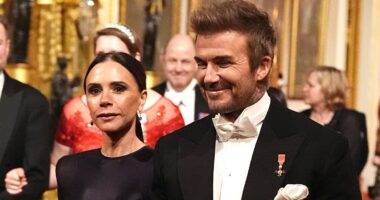 Proud David Beckham gives a reassuring hand to wife Victoria after she appears nervous as they join the royals at King's glittering state banquet for Qatar