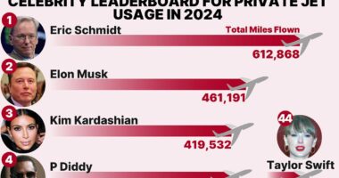 Revealed: The celebrities racking up the most private jet air miles in 2024 (and Taylor Swift isn't number one)