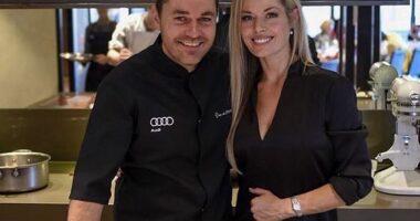 Family arrangement: Shannon Bennett (left) has revealed that he cares for his six children full time. The celebrity chef, who rose to fame on MasterChef Australia, shares the brood with actress Madeleine West (right)