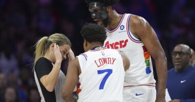 Shock moment controversial 7ft NBA star Joel Embiid screams at female referee before being ejected