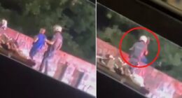 Shocking moment police officer throws delivery worker off BRIDGE in Brazil during traffic stop