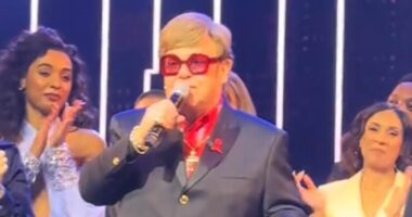 Sir Elton John tells West End crowd 'I've lost my eyesight and cannot see the stage' - but tells The Devil Wear Prada cast they 'sounded great' before being led off by husband David Furnish amid his sudden battle with blindness