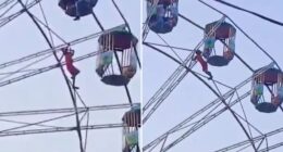 Terrifying moment girl, 13, is left dangling 60ft in air after plunging from Ferris wheel as onlookers heard screaming