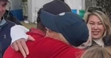 Tiger Woods hugs ex-wife Elin Nordegren after competing with their son Charlie in Florida golf event