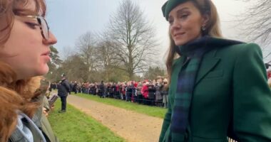 Touching moment Kate hugs cancer survivor as charity workers tell her she is 'an inspiration to all patients' after her year battling the disease during royal Christmas church walk