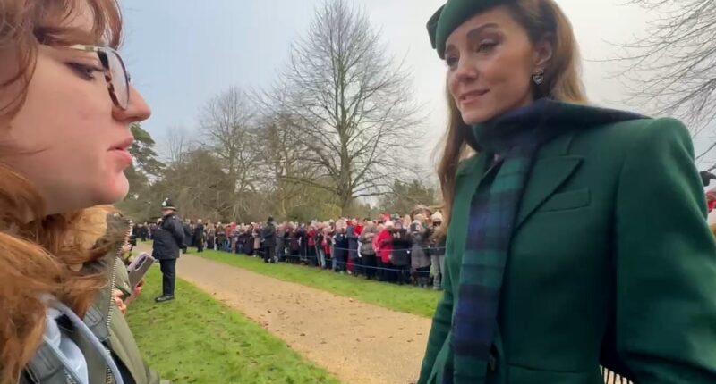 Touching moment Kate hugs cancer survivor as charity workers tell her she is 'an inspiration to all patients' after her year battling the disease during royal Christmas church walk