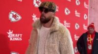 Travis Kelce arrives for Chiefs-Texans clash in fluffy jacket and Louis Vuitton cap... with Taylor Swift set to follow