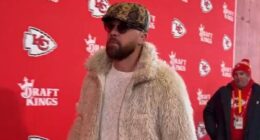 Travis Kelce arrives for Chiefs-Texans clash in fluffy jacket and Louis Vuitton cap... with Taylor Swift set to follow