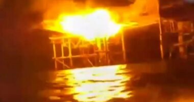 Watch as Putin’s gas rigs in Black Sea burst into flames as Ukraine unleashes barrage of sea drones in daring night raid