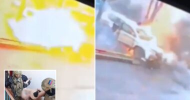 Watch dramatic moment huge car bomb blows up Putin’s notorious prison torturer in daring ‘Ukrainian assassination’