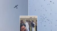 Watch incredible moment groom’s dad showers wedding guests with CASH dropped from private plane as it soars over party