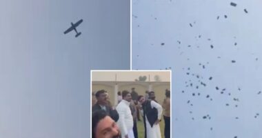 Watch incredible moment groom’s dad showers wedding guests with CASH dropped from private plane as it soars over party