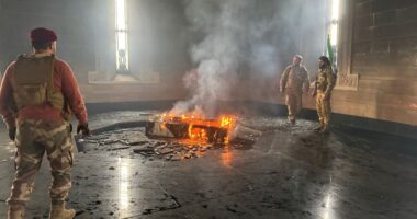 Watch moment cheering Syrian rebels burn COFFIN of Assad’s brutal father who slaughtered 40,000 civilians in massacre