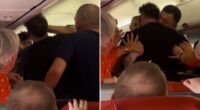 Watch moment drunken passengers brawl on Jet2 flight to Leeds as one tries to ‘bite the other’s neck & gouge eyes out’