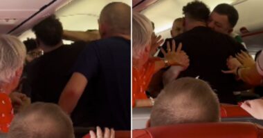 Watch moment drunken passengers brawl on Jet2 flight to Leeds as one tries to ‘bite the other’s neck & gouge eyes out’