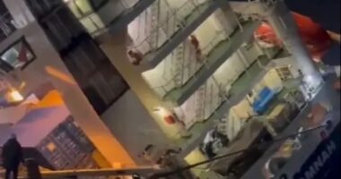 Watch terrified crew desperately try to escape CAPSIZING cargo ship before it flips & containers topple into port