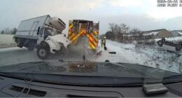 Wild dashcam video shows out-of-control truck slam into first responder vehicles on side of icy highway