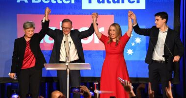 Anthony Albanese (pictured with Penny Wong, girlfriend Jodie and son Nathan) has declared 'Aussies have voted for change' after securing a historic election win - and also blasted rowdy supporters in his victory speech