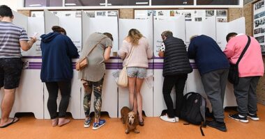 More than 17.2 million Aussies are enrolled to vote in the election on Saturday May 21, with thousands already having their say in pre-polling centres (pictured, voters in Sydney in 2019)