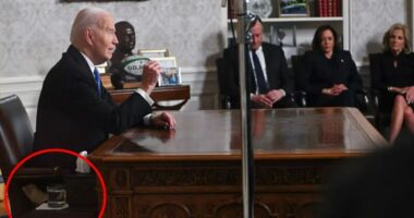 Biden suffers ‘final humiliation’ after he’s spotted sitting on pillow to boost himself up for last address